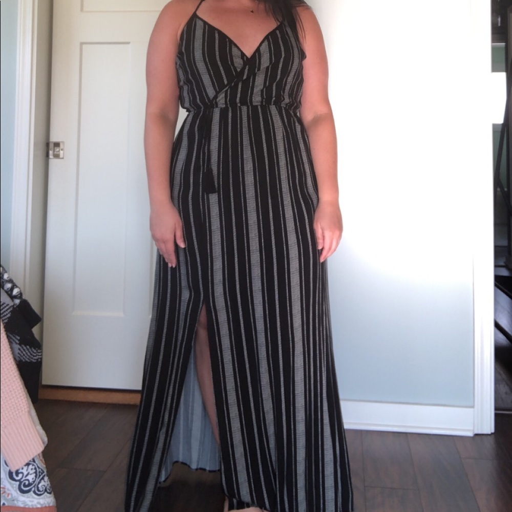 Black and white striped maxi dress with slit